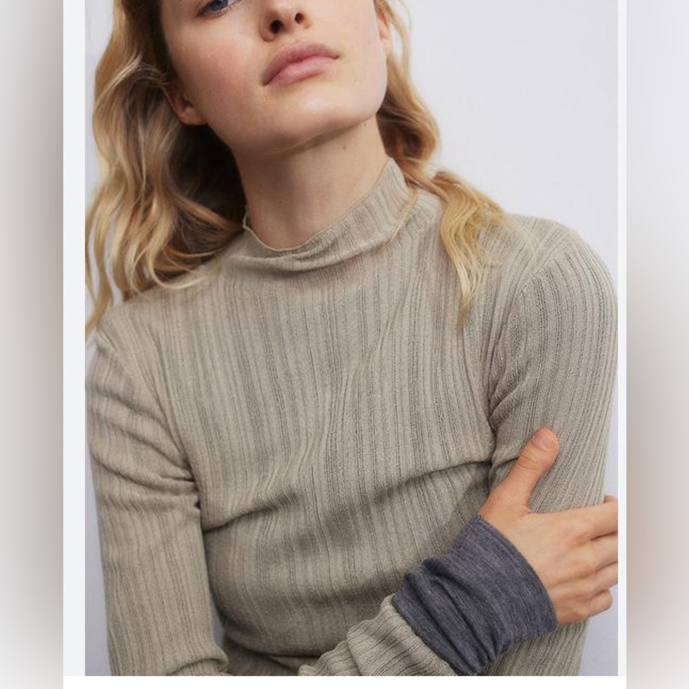 sheer rib knit turtleneck top beige h&m 
Good condition